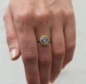 White Gold Bold Ring with a Grey Cushion Cut Rose Cut Diamond