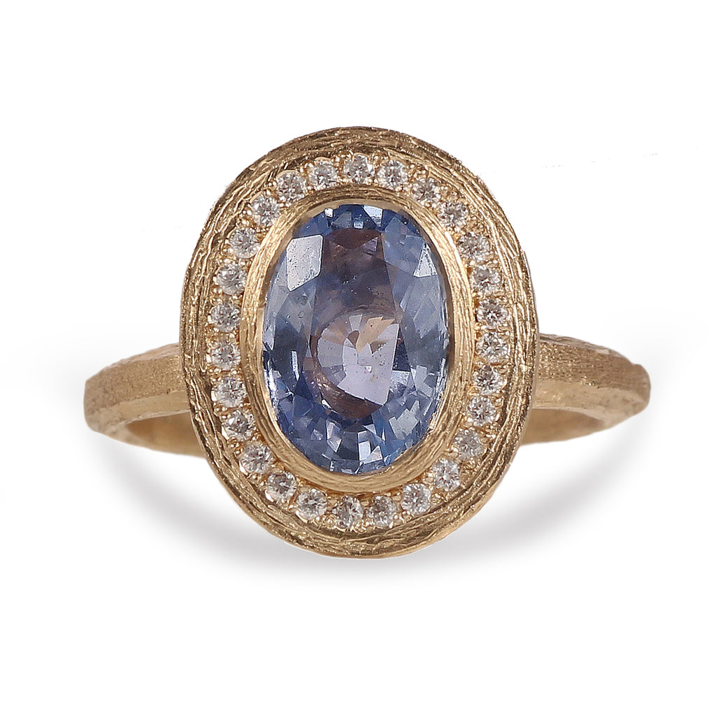 Bespoke -  9ct Yellow Gold Halo Ring with Blue Sapphire and Diamonds