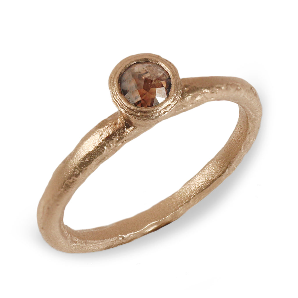 Textured Yellow Gold Ring with Brown Rose Cut Diamond on white background 