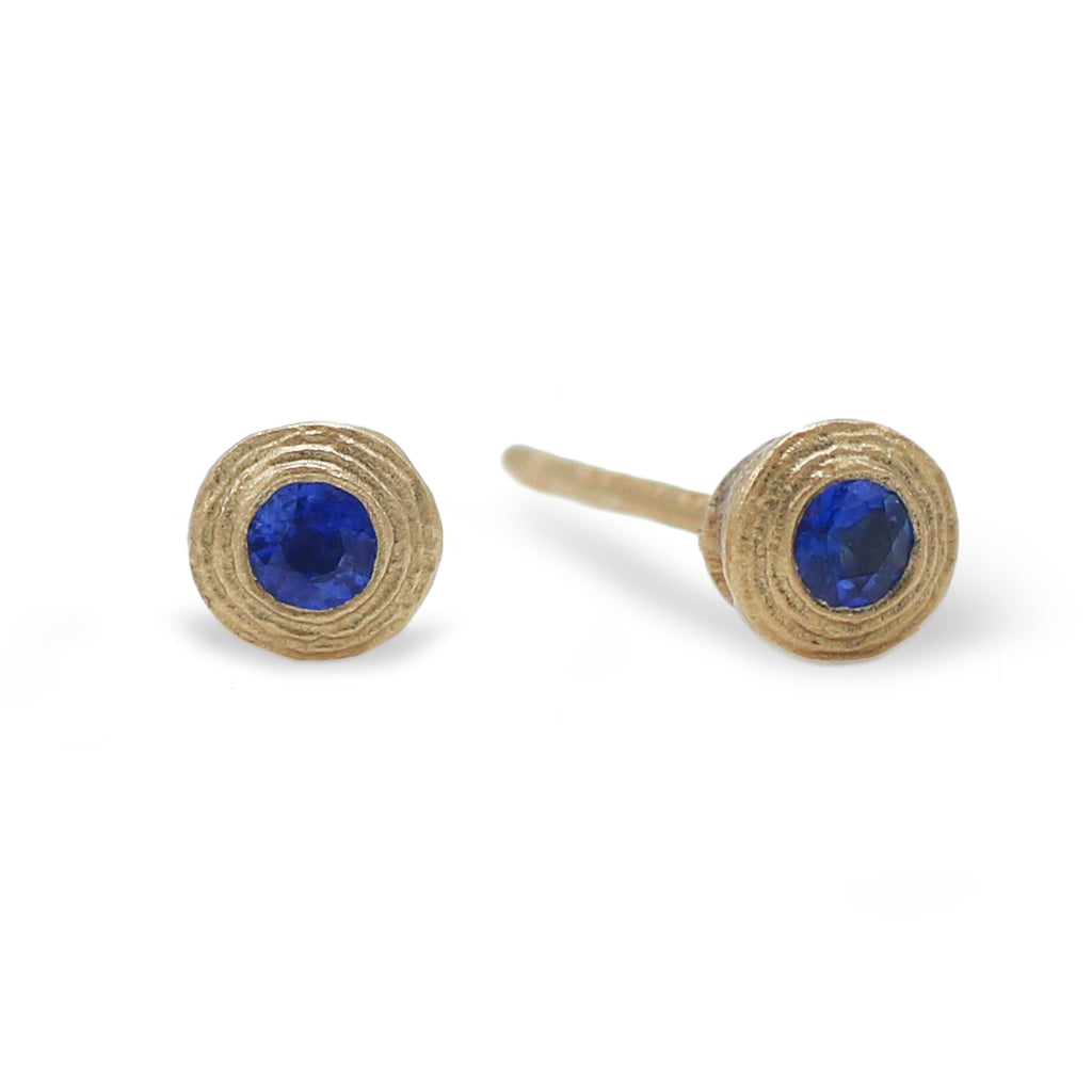 9ct Textured Yellow Gold Ear Studs with Blue Sapphires