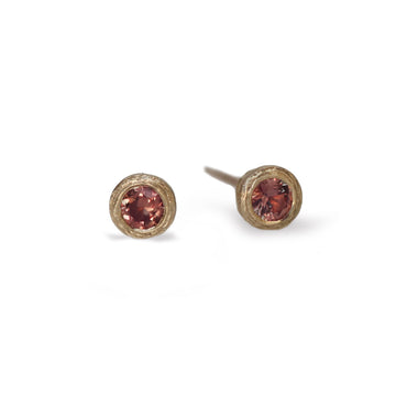 Textured Yellow Gold Ear Studs with Peachy Orange Sapphires