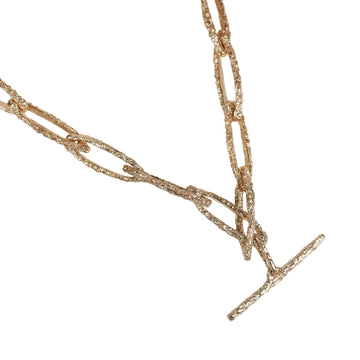 textured gold link chain necklace with t clasp fastening on a white background 