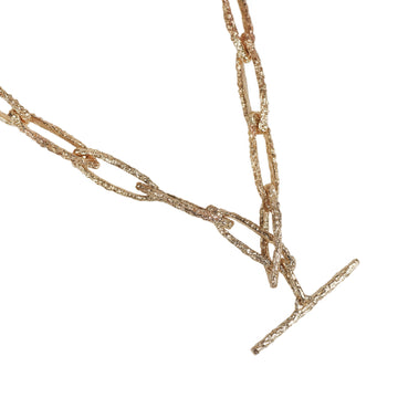 textured gold link chain necklace with t clasp fastening on a white background