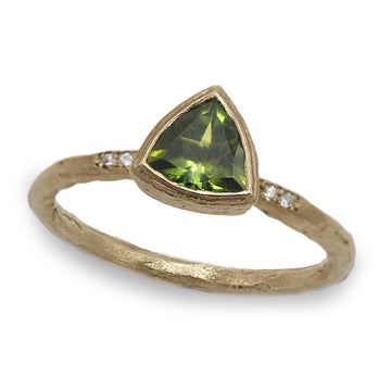 Trillion Cut Green Tourmaline and Diamonds Gold Ring on white background
