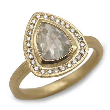 Yellow Gold Modern Halo Ring with a Shield Rose Cut Diamond on white background 