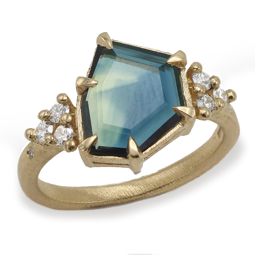 SOLD - Yellow Gold Modern Engagement Ring Set with Sapphire and Diamonds