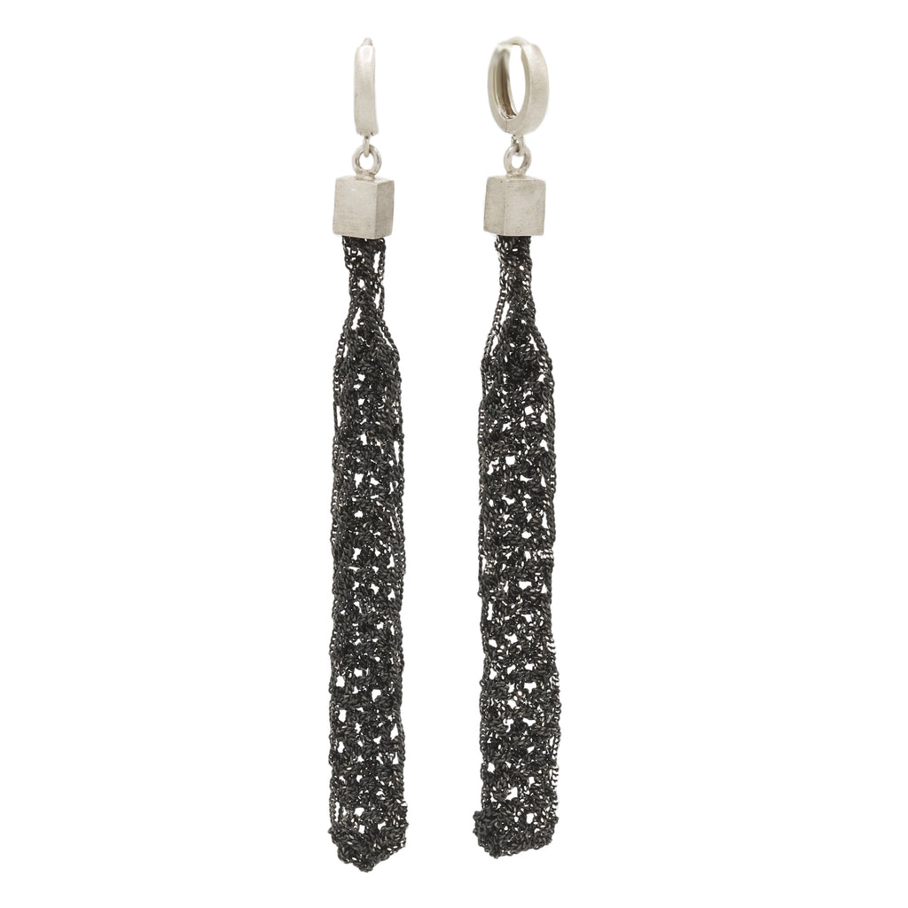 Maria Rzewuska Oxidised Silver Long Woven Chain Drop Earrings