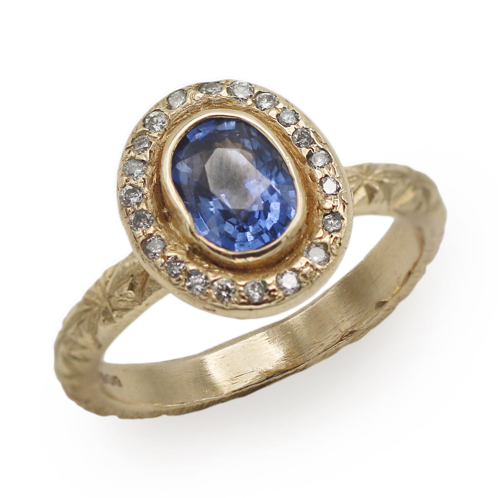 Ciara Bowles Blue Sapphire with Diamond Halo Gold Ring