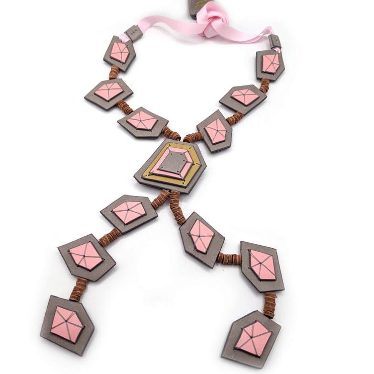 Ten Cloudy Pink & Grey True Gems Long Leather Necklace