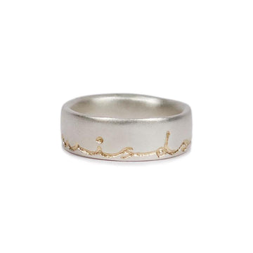 Modern Silver Ring etched with handwritten wisdom of life in yellow gold etching on a white background