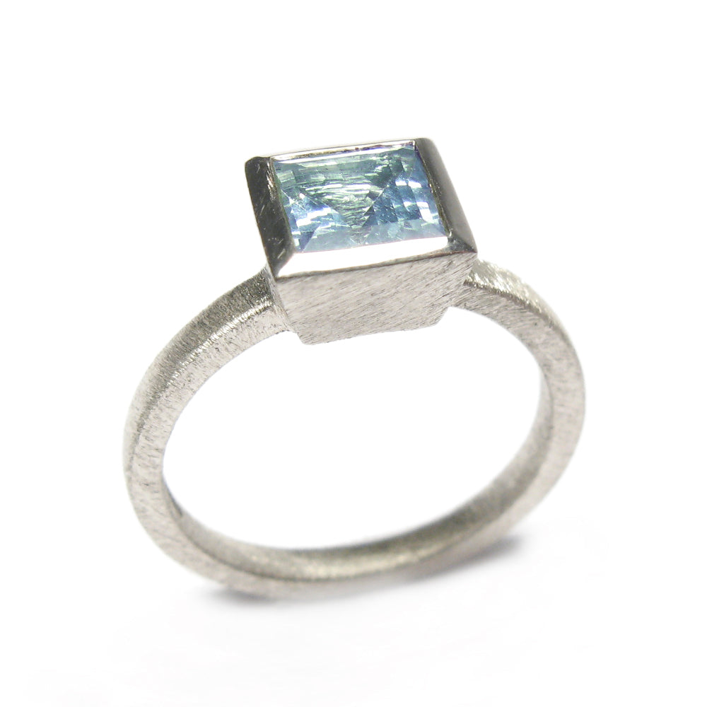 White Gold Ring with Blue Princess Cut Aquamarine