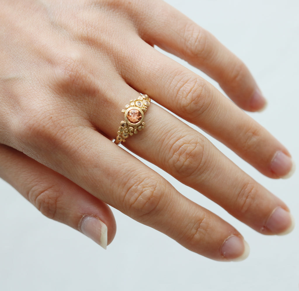 Yellow Gold Cluster Ring with Peach Tourmaline and Champagne Diamonds