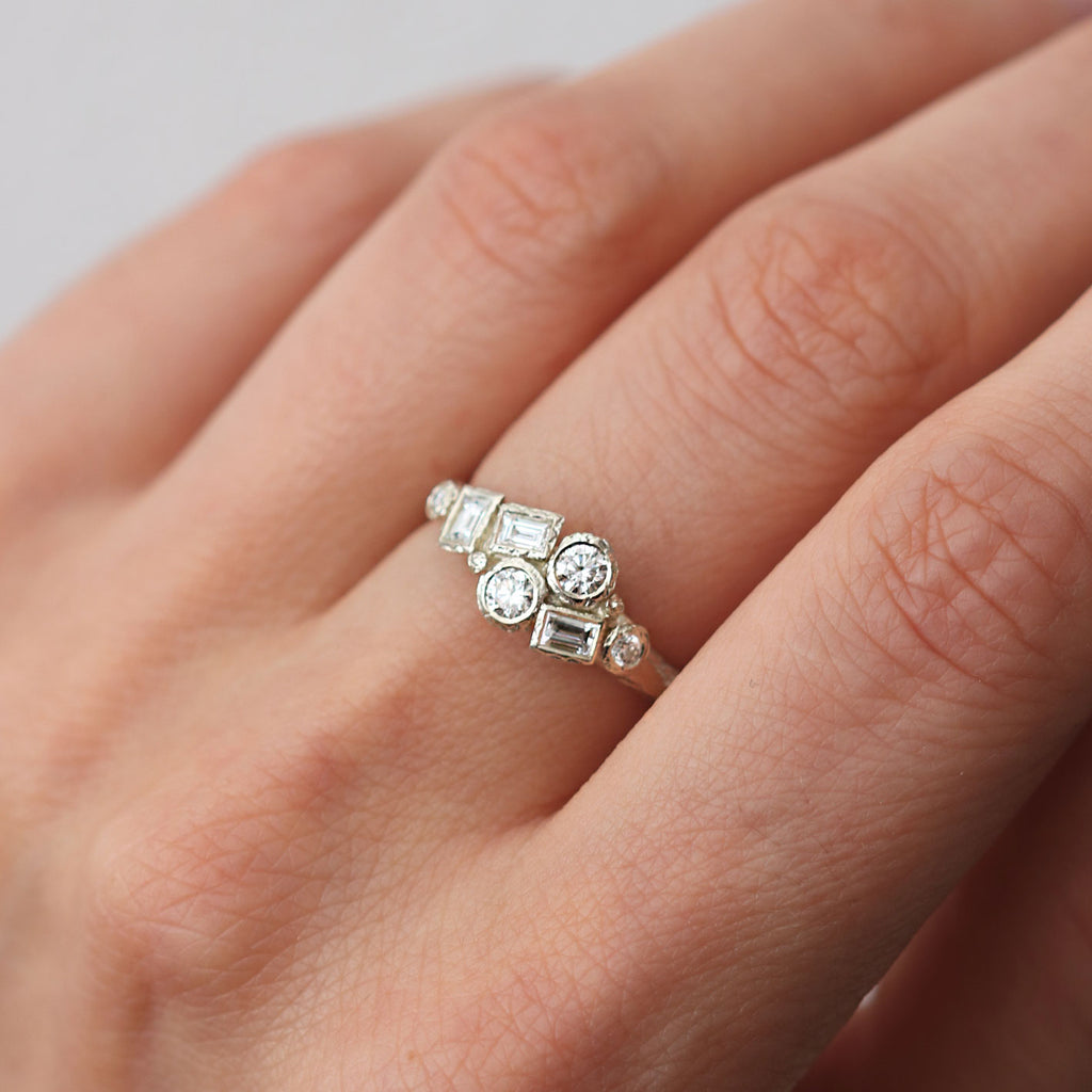 White Gold Textured Cluster Ring with Diamonds worn on hand 