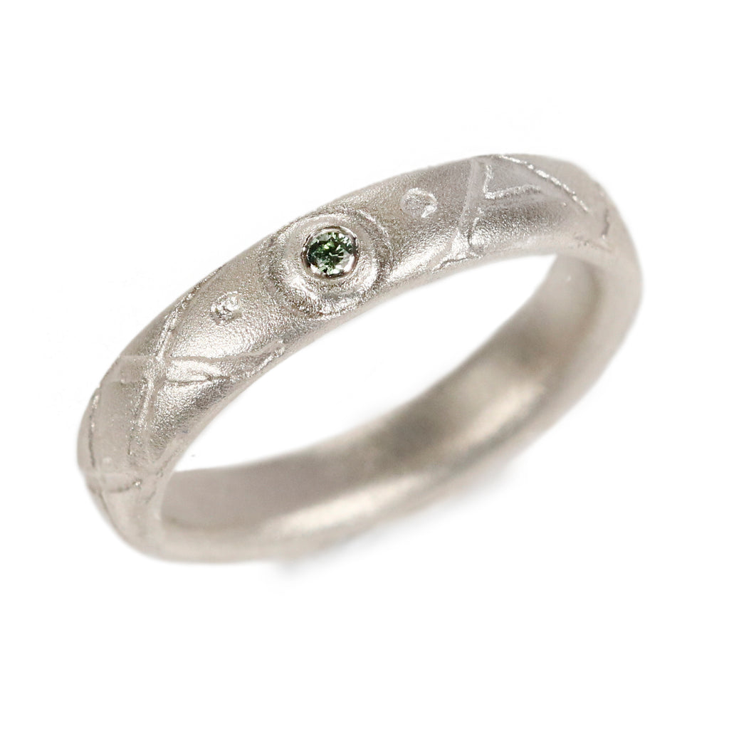 Bespoke - Silver Etch Ring with Personalised Words and Green Diamond