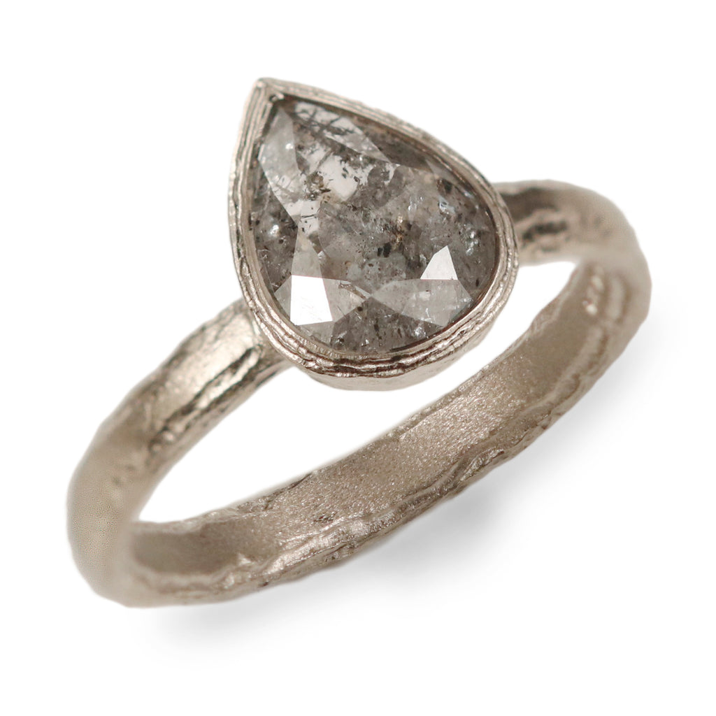 White Gold Organic Ring with a Pear Shaped Salt and Pepper Diamond
