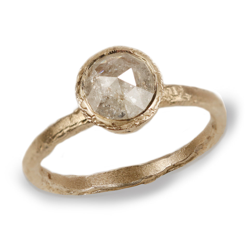  Yellow Gold Organic Ring Set with Icy White Rose-Cut Diamond on white background