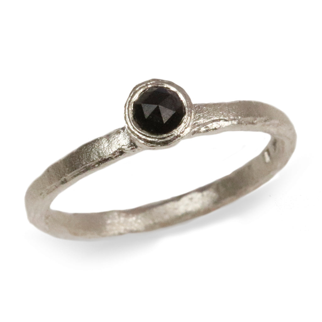 White Gold Ring Set with Black Rose Cut Diamond on white background 
