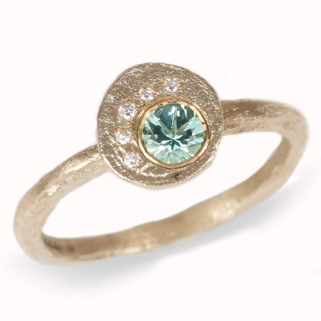 Yellow Gold Textured Ring with Seafoam Tourmaline and Ethical Diamonds 
