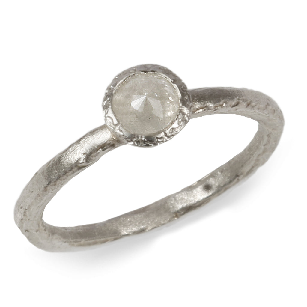 White Gold Textured Ring Set with Icy White Rose Cut Diamond on white background 