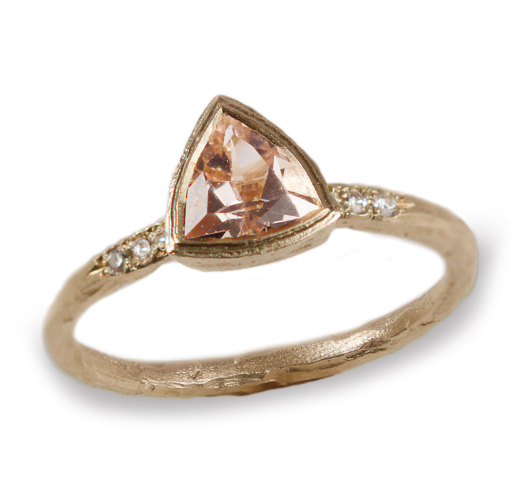 Yellow Gold Modern Ring with Pink Trillion Cut Morganite and Diamonds 