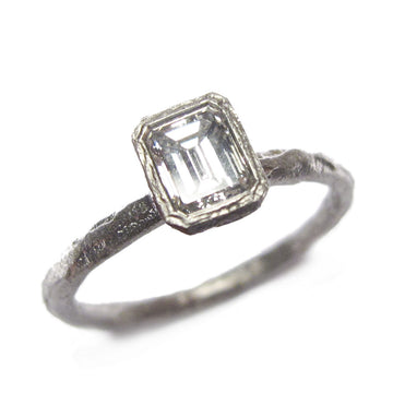 Textured Platinum Emerald Cut Solitaire Diamond Ring 