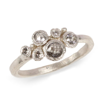 White Gold Ring with Salt and Pepper Rose Cut Diamonds on white background