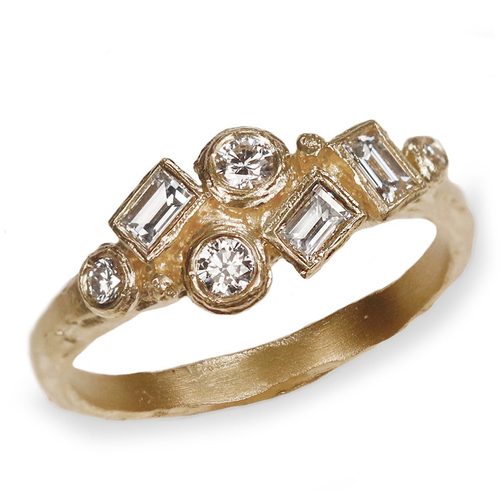Modern 9ct Yellow Gold Cluster Diamond Ring on white background 