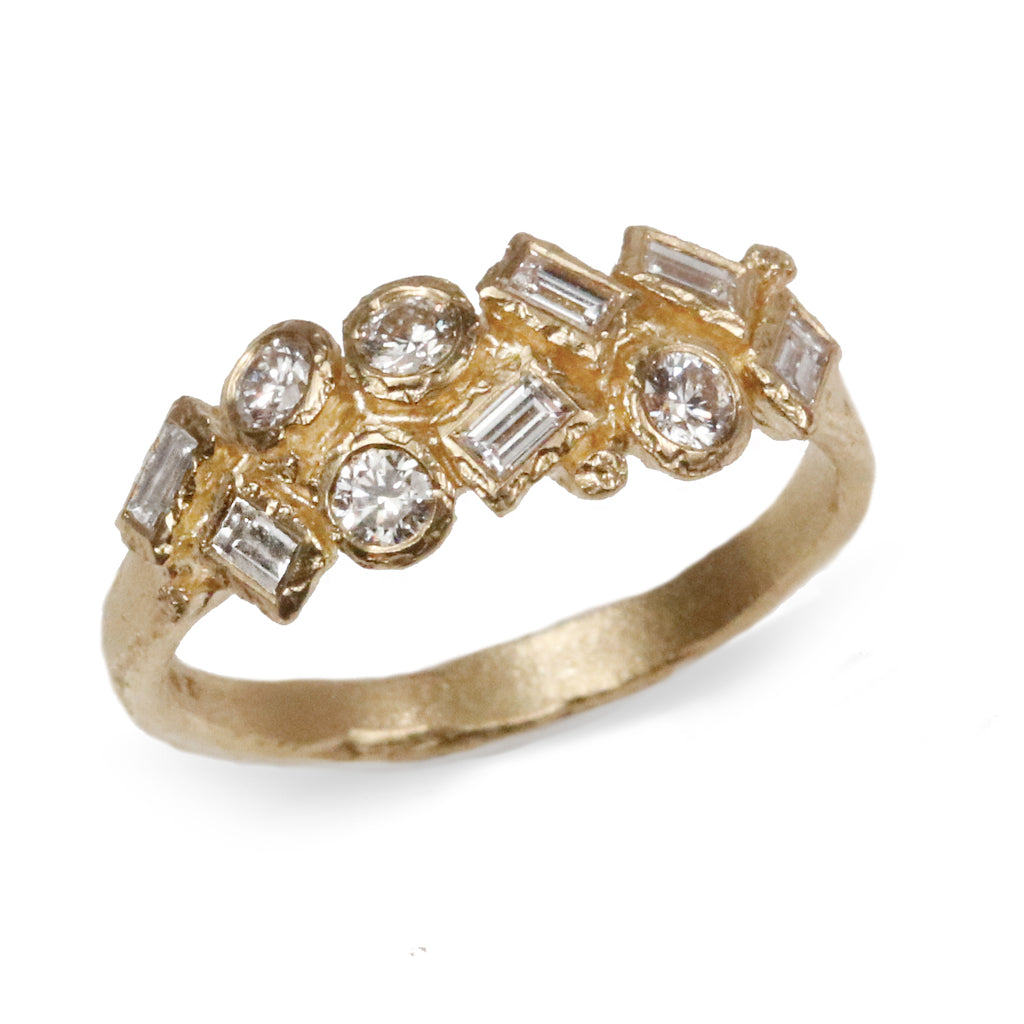 Yellow Gold Organic Cluster Ring set with Diamonds on white background 