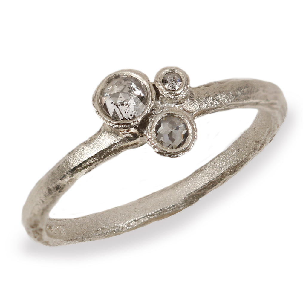 White Gold Organic Ring with Cluster of Rose Cut Diamonds  on white background 