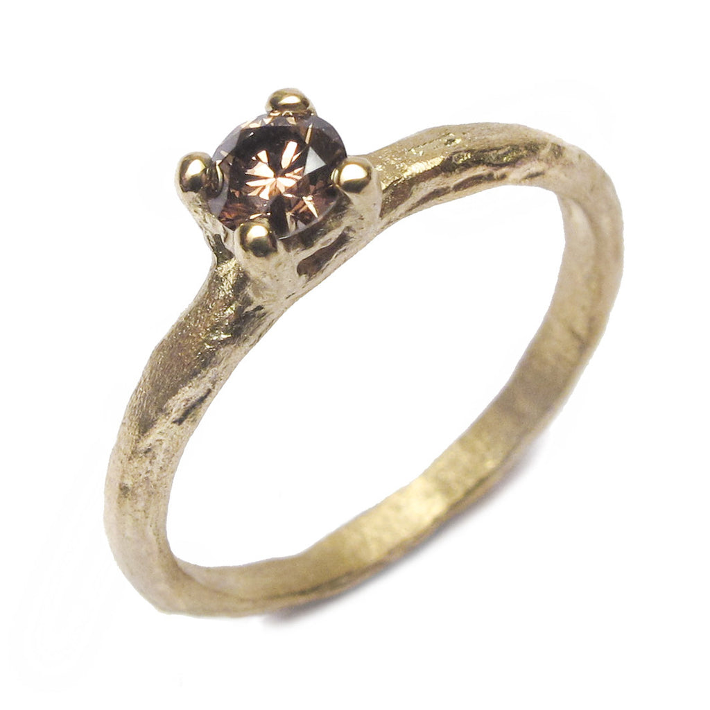 Textured Yellow Gold Claw Set Ring with Brown Diamond