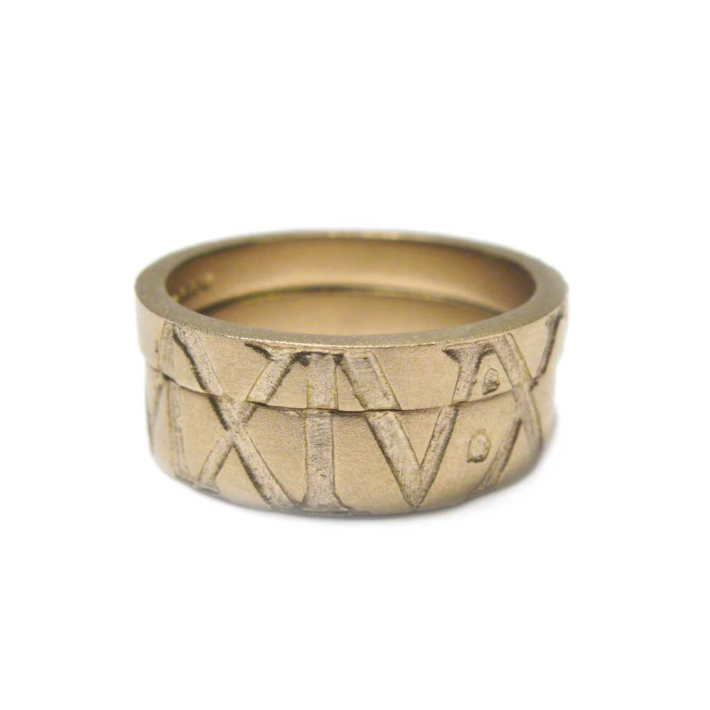 Diana Porter Jewellery bespoke commission etched roman numerals yellow gold partnership rings
