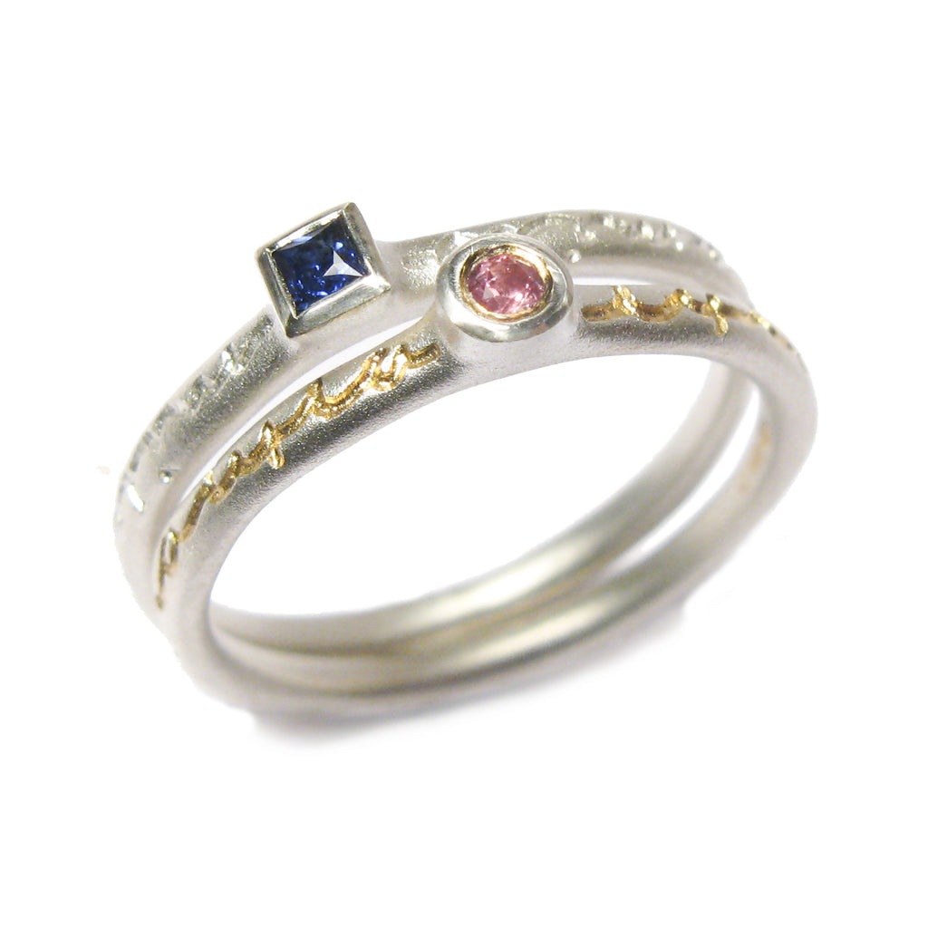 silver personalised bespoke commissioned, etched stacking rings set with sapphire and pink tourmaline, with gold etch