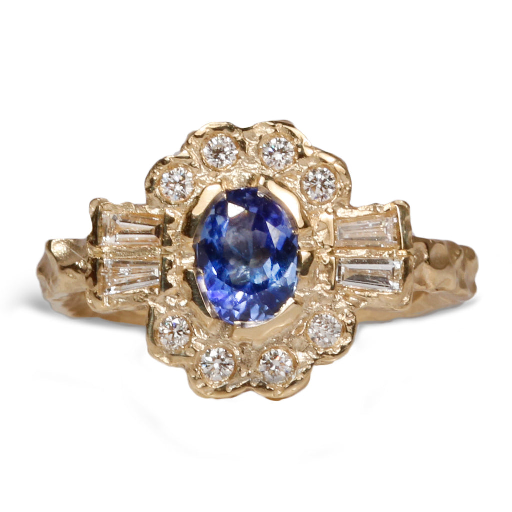 Bespoke - 9ct Yellow Gold Molten Ring with Sapphire and Diamonds