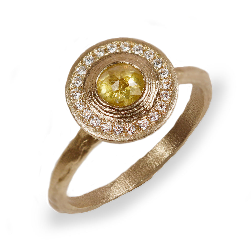Modern Gold Halo Ring and White Diamonds with Yellow Rose Cut Diamond on white background