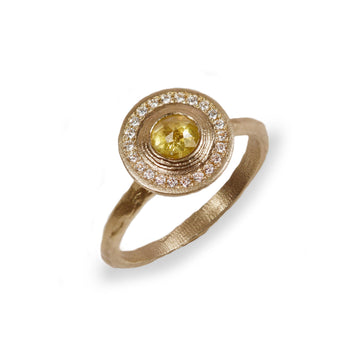 Modern Gold Halo Ring and White Diamonds with Yellow Rose Cut Diamond on white background