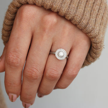 Alternative Textured White Gold Diamond Halo Ring worn on hand 