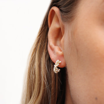 Mounir gold plated and white pearl cluster mini hoops