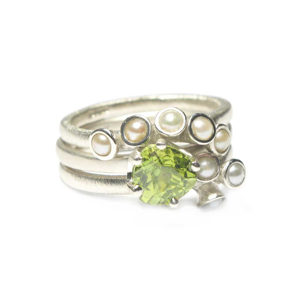 Diana Porter Jewellery bespoke commission pearl and peridot white gold rings