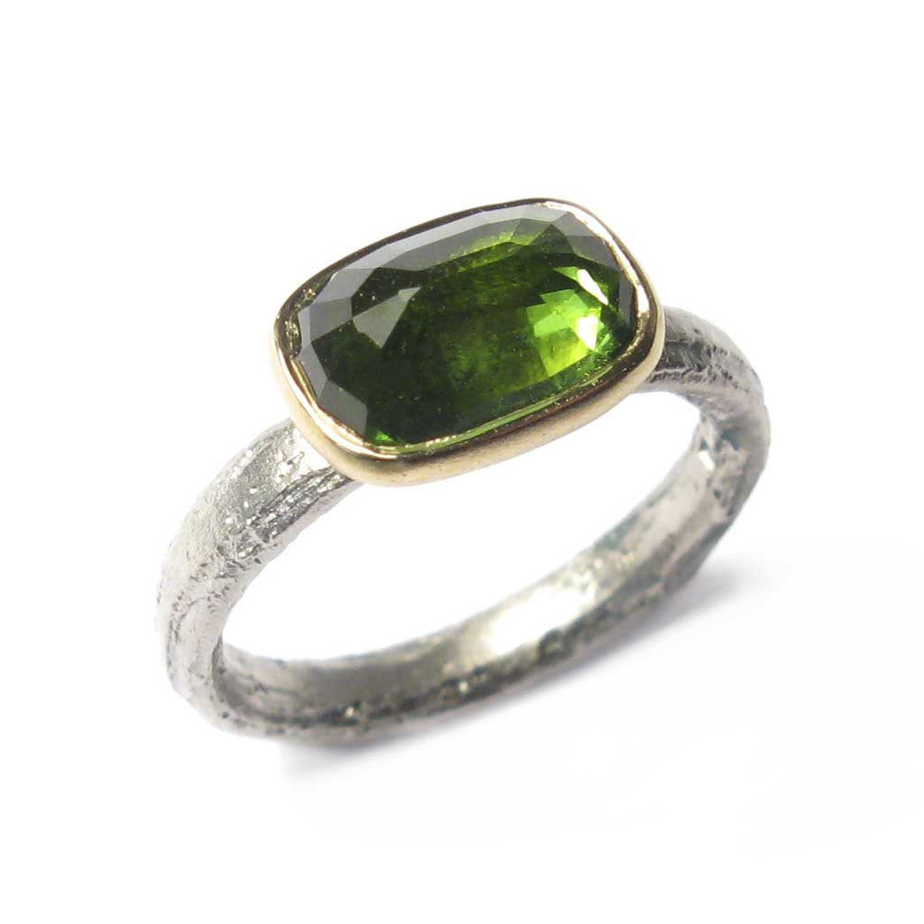Diana Porter Jewellery bespoke commission palladium green tourmaline yellow gold engagement ring