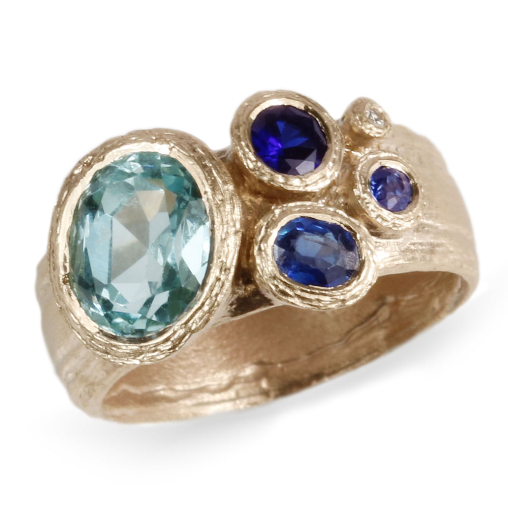 9ct yellow gold with Aqua and Blue Sapphires