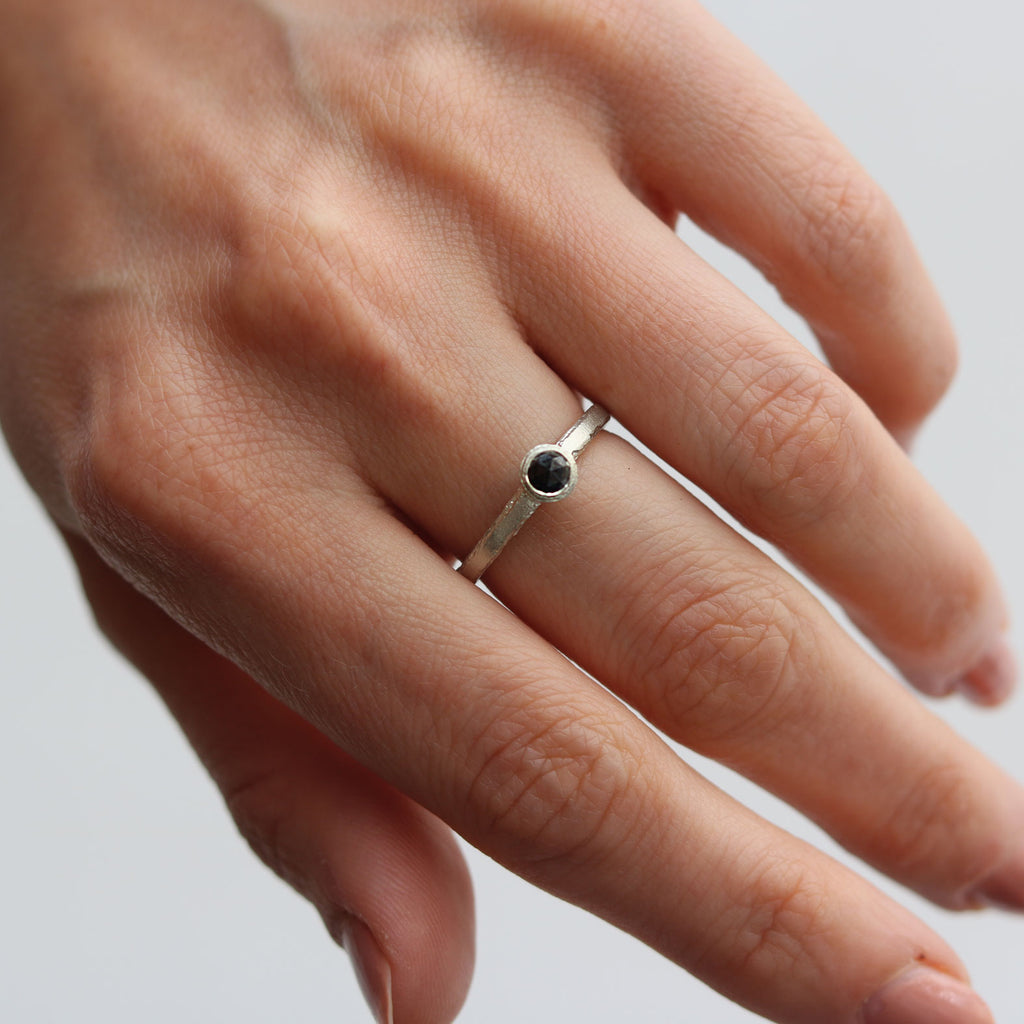 White Gold Ring Set with Black Rose Cut Diamond worn on hand 