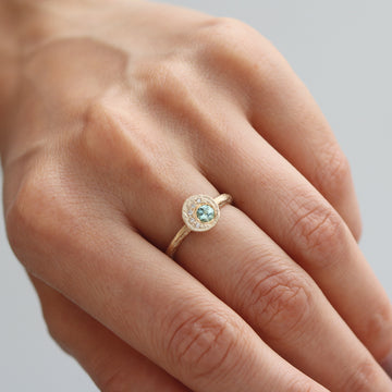 Yellow Gold Textured Ring with Seafoam Tourmaline and Ethical Diamonds