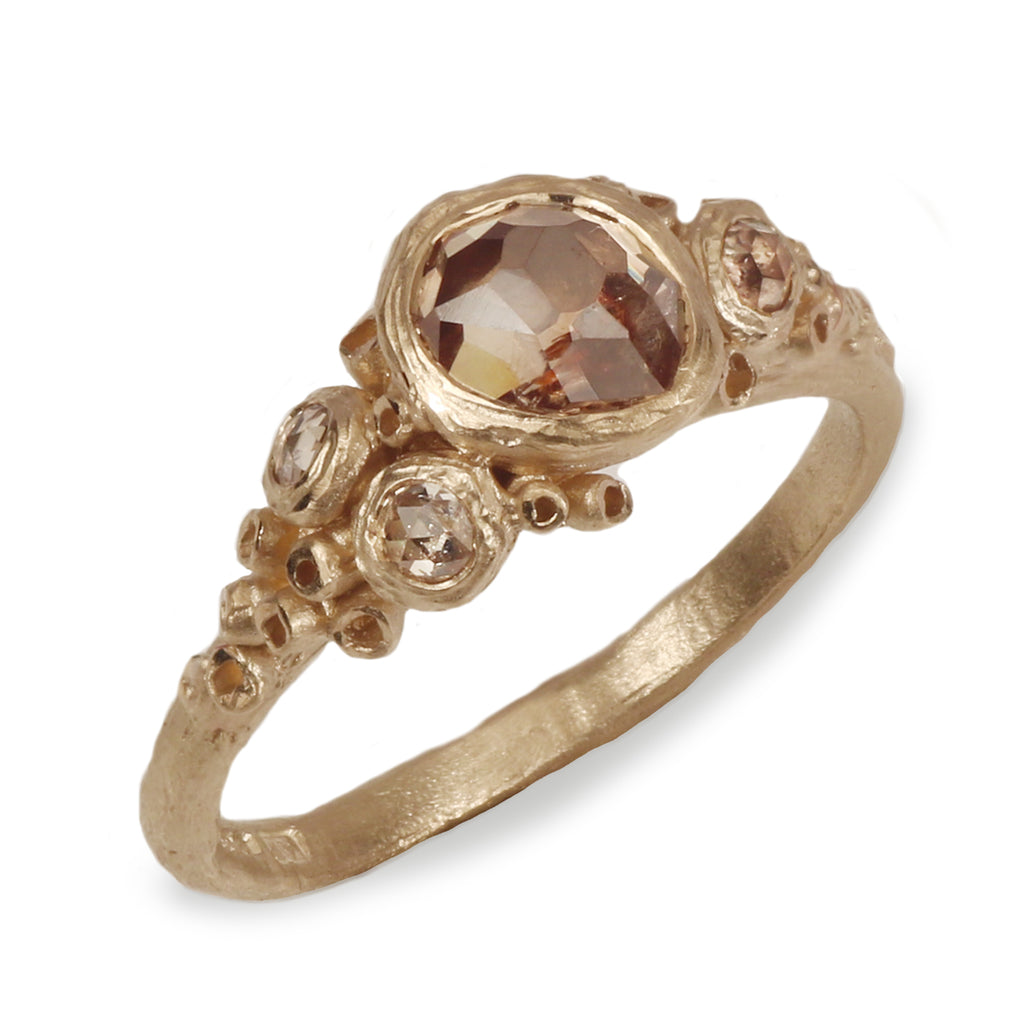 Ami Pepper 14ct Yellow Gold Sweet Solitaire Freeform Diamond and Rose Cut Diamond Cluster Ring