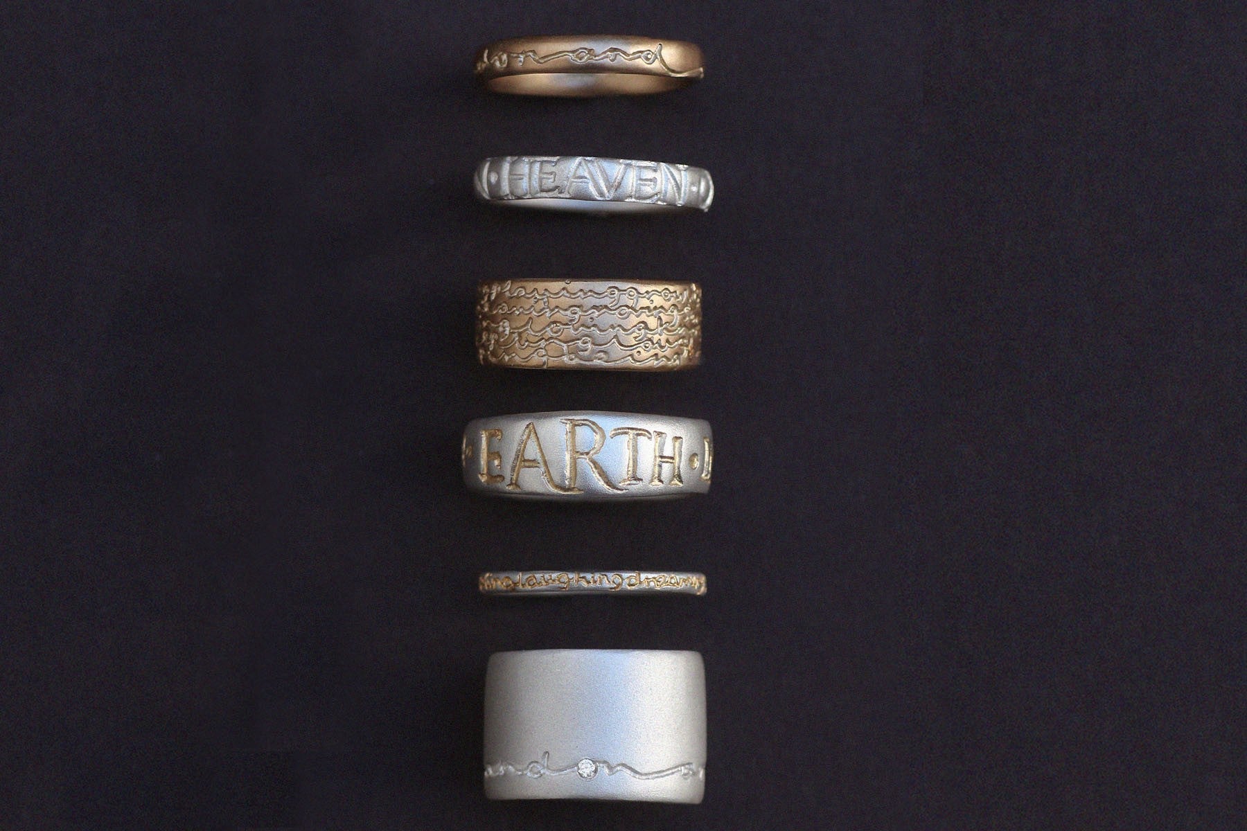 Six contemporary etched rings in silver and gold | Diana Porter Jewellery