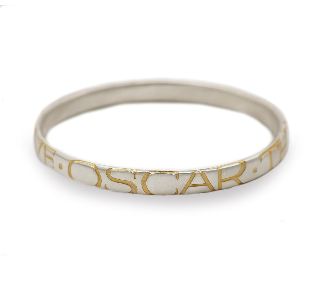 Bespoke - Silver Bangle Etched with Gold Personalised Words