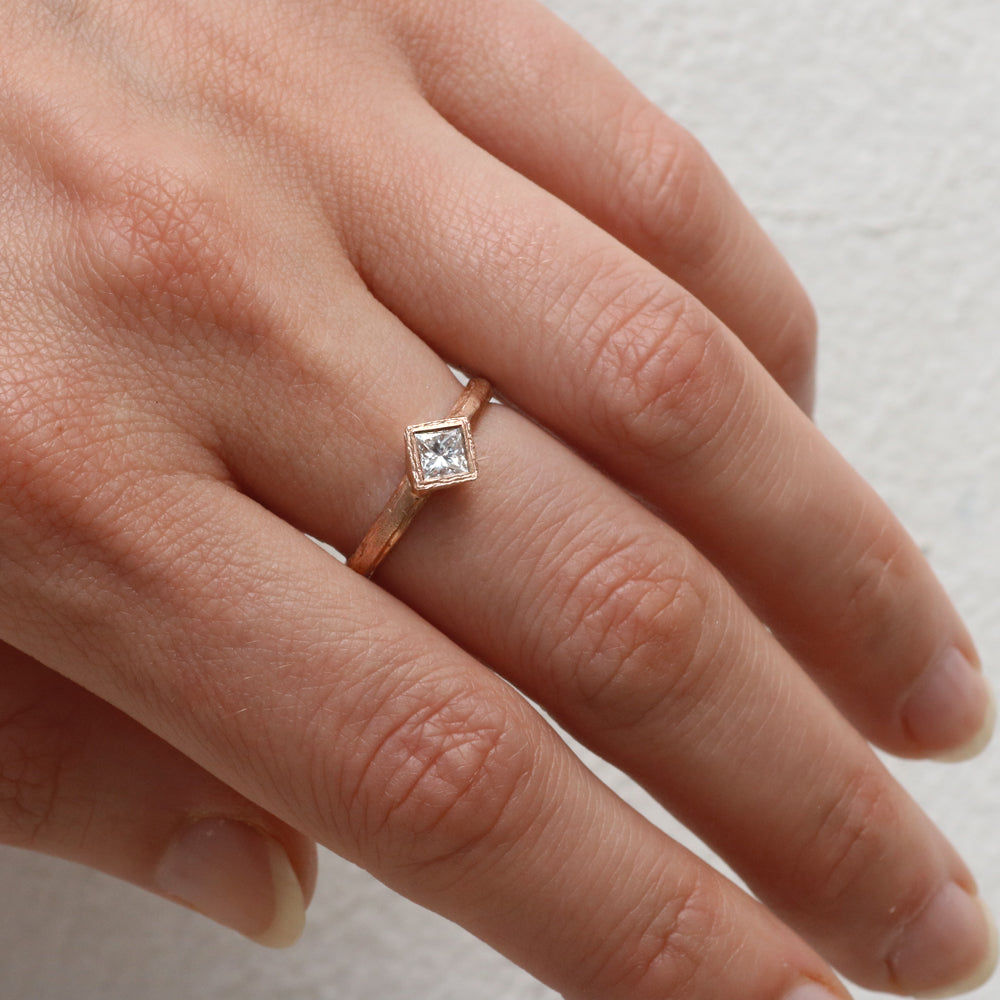 14ct Fairtrade Rose Gold Etched Ring Set with Princess Cut Diamond