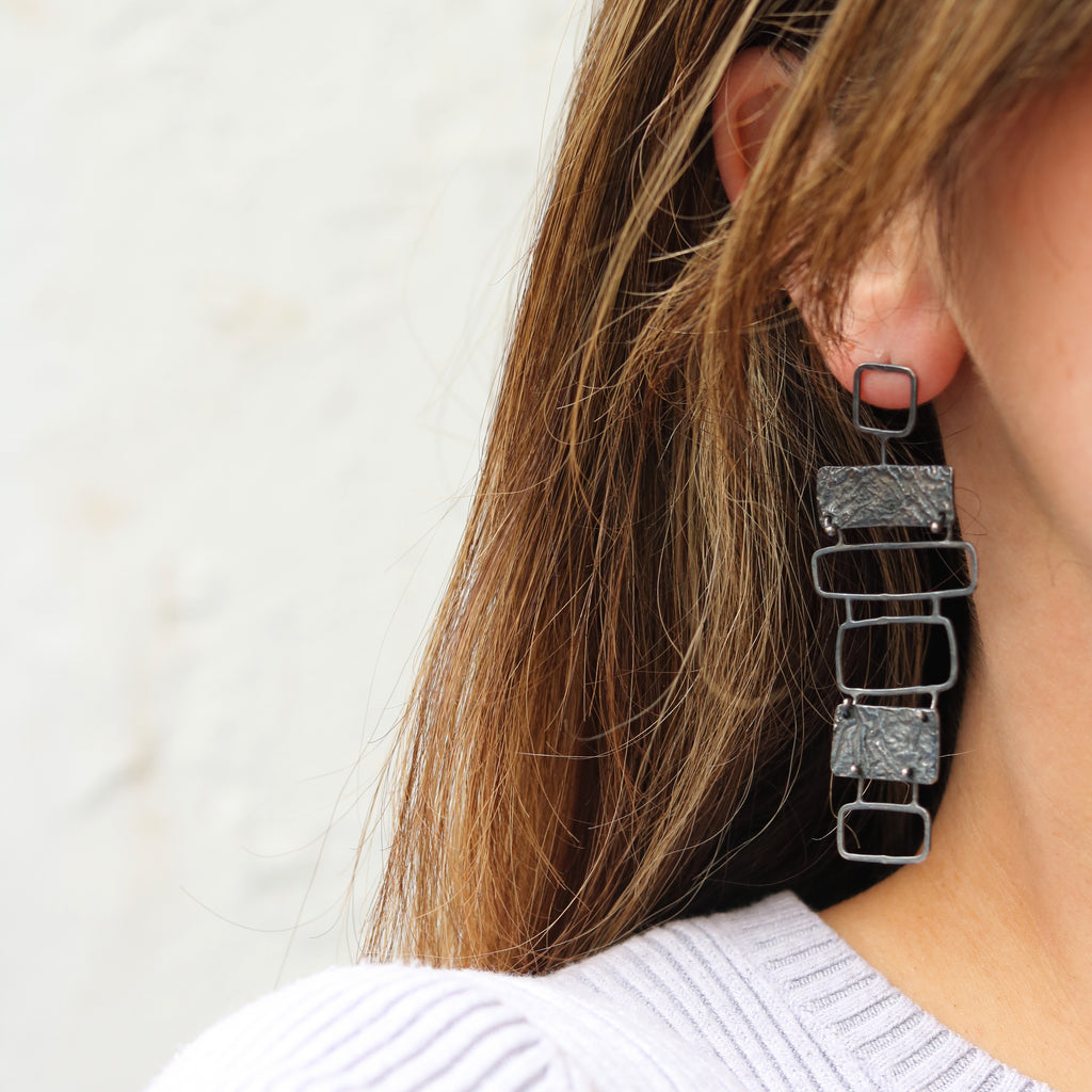 Lucy Spink Oxidised Silver Monolith Statement Earrings