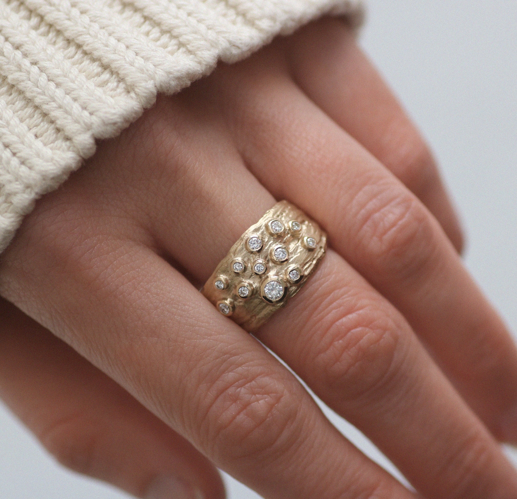 Wide Tapered Textured Ring with Diamonds