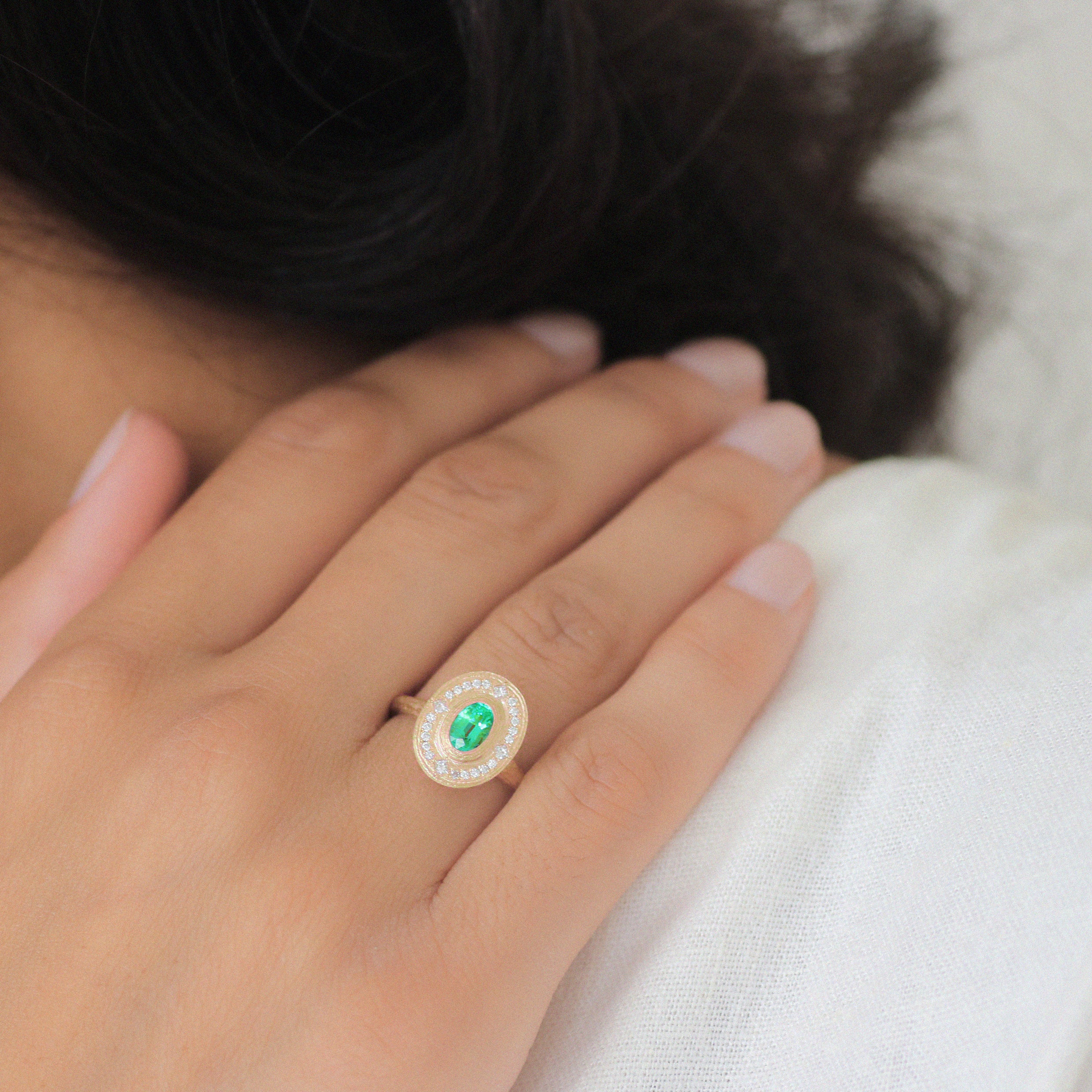 Emerald and Diamond Textured Yellow Gold Halo Engagement Ring