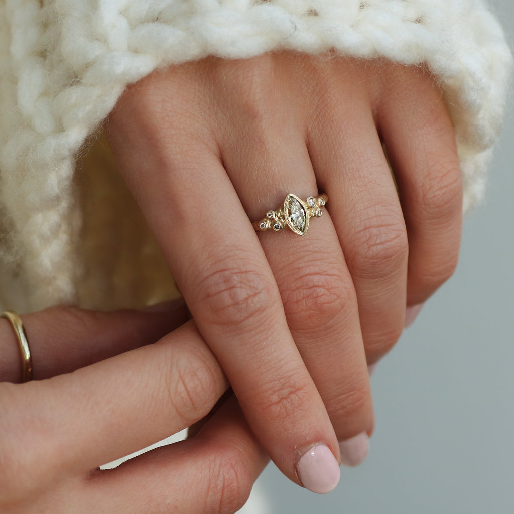 Textured Yellow Gold Ring Set with Marquise Brown Diamond